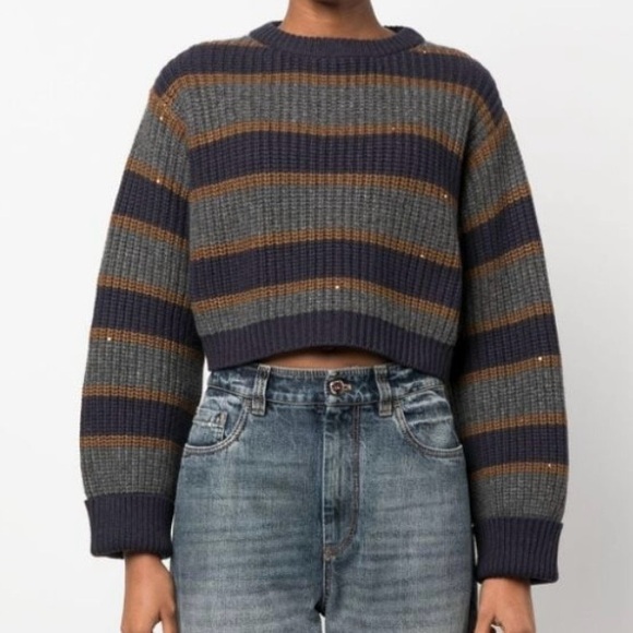 Brunello Cucinelli Sweaters - Brunello Cucinelli Striped Gray and Brown Cashmere Sweater size M